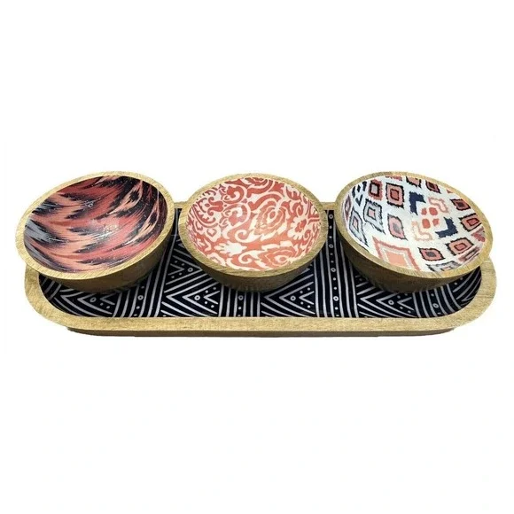 MESA Mango Wood Serving Set 4 Piece Ikat Geometric Patterns Tray & 3 Bowls NEW - Picture 3 of 16